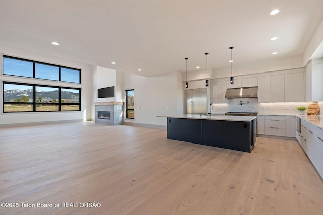 1404 Canyon Sunrise, Driggs, ID 83422 - kitchen with under cabinet range hood, modern cabinets, recessed lighting, built in refrigerator, and light wood finished floors