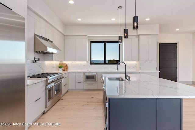 1404 Canyon Sunrise, Driggs, ID 83422 - kitchen featuring under cabinet range hood, modern cabinets, a sink, premium appliances, and recessed lighting