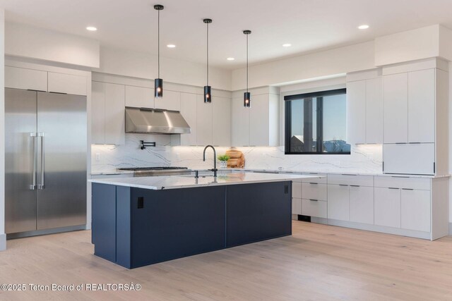 1404 Canyon Sunrise, Driggs, ID 83422 - kitchen featuring appliances with stainless steel finishes, under cabinet range hood, modern cabinets, light wood-type flooring, and recessed lighting
