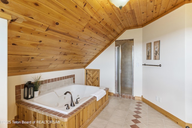 bathroom with lofted ceiling, wooden ceiling, a shower stall, a whirlpool tub, and baseboards