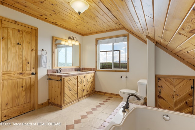 bathroom featuring wooden ceiling, toilet, tile patterned flooring, vaulted ceiling, and a tub with jets