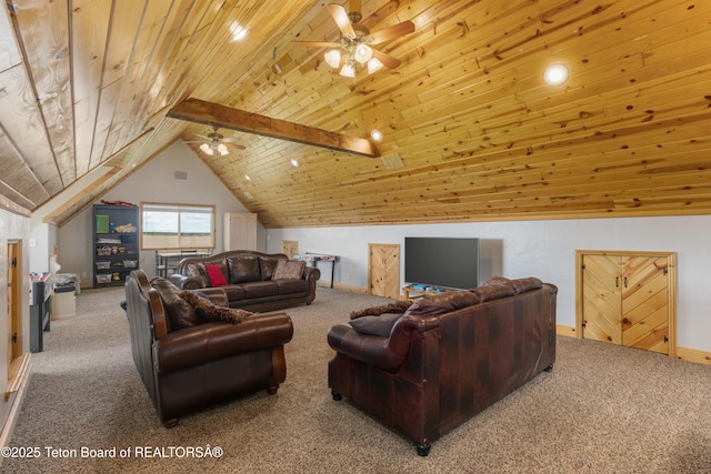 living area featuring carpet, wooden ceiling, vaulted ceiling, and a ceiling fan