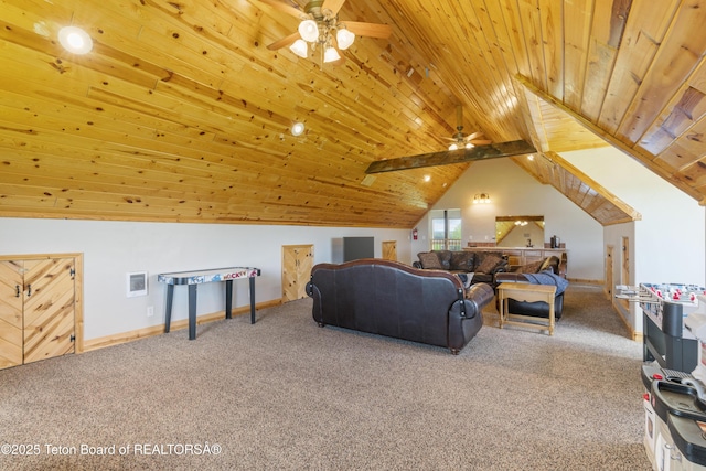carpeted living area featuring wood ceiling, baseboards, lofted ceiling, and ceiling fan