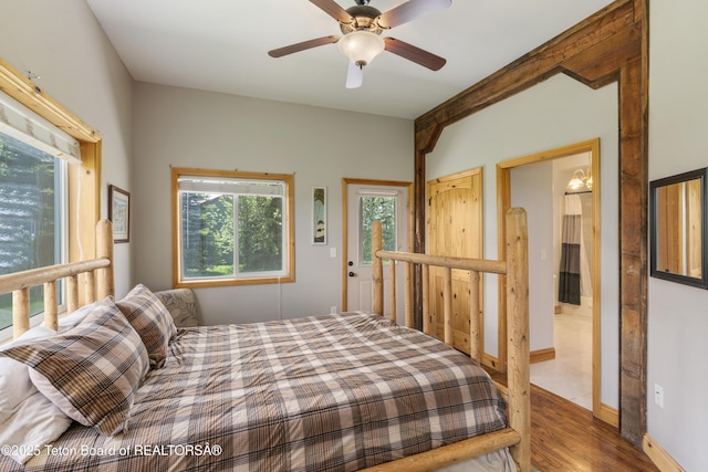 bedroom featuring wood finished floors and ceiling fan