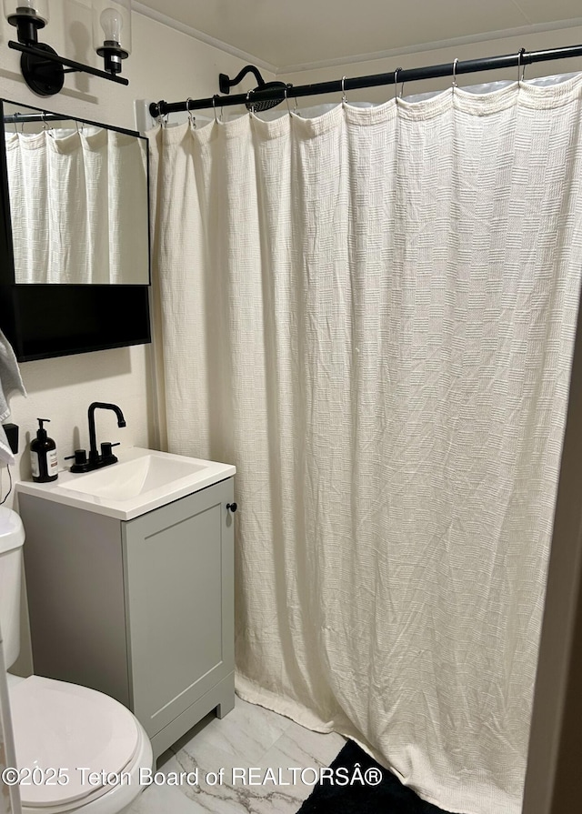 bathroom with toilet, vanity, and marble finish flooring