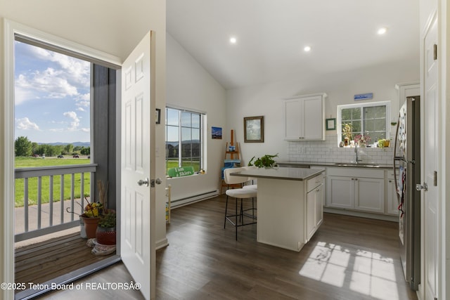 650 Centennial Mountain St, Driggs, ID 83422 - kitchen with a baseboard radiator, freestanding refrigerator, a sink, a kitchen island, and tasteful backsplash