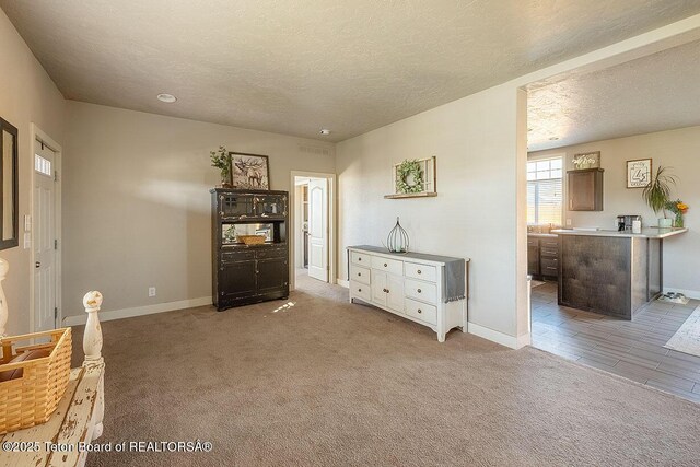 350 Little Greys Loop, Etna, WY 83118 - living area with light colored carpet, a textured ceiling, and baseboards