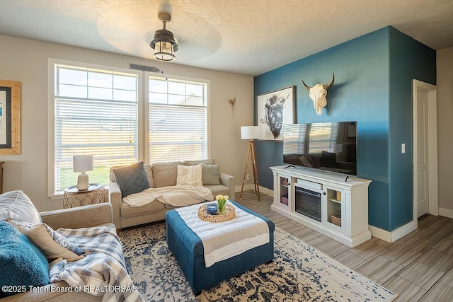 350 Little Greys Loop, Etna, WY 83118 - living room featuring healthy amount of natural light, light wood finished floors, and a textured ceiling