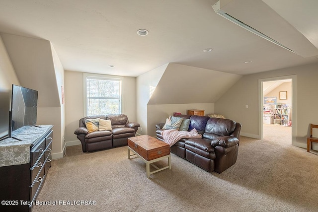 350 Little Greys Loop, Etna, WY 83118 - living room featuring light carpet, lofted ceiling, baseboards, and recessed lighting