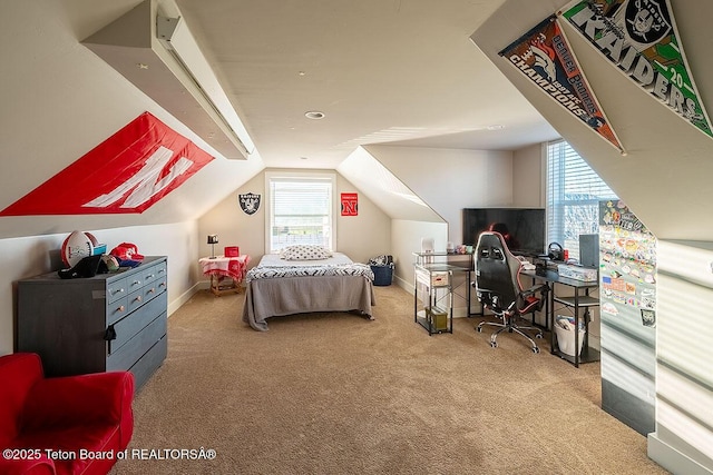 350 Little Greys Loop, Etna, WY 83118 - bedroom with carpet floors, vaulted ceiling, baseboards, and an office area