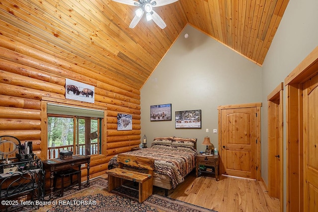 109 Redwood Rd, Star Valley Ranch, WY 83127 - bedroom with wood ceiling, high vaulted ceiling, light wood-style flooring, log walls, and ceiling fan