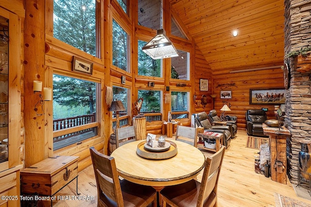 109 Redwood Rd, Star Valley Ranch, WY 83127 - dining space featuring high vaulted ceiling, hardwood / wood-style floors, wood ceiling, and log walls