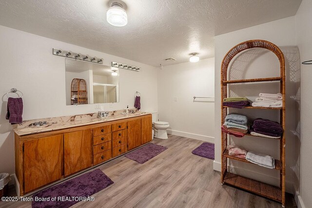 823 Allred Rd, Afton, WY 83110 - bathroom featuring wood finished floors, a stall shower, vanity, toilet, and a textured ceiling