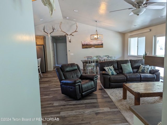 543 Rockbridge Dr, Afton, WY 83110 - living room featuring dark wood-style flooring, lofted ceiling, a ceiling fan, and recessed lighting