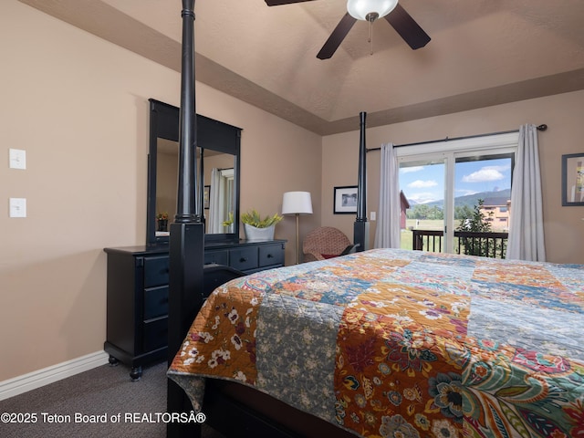 525 Booshway St, Driggs, ID 83422 - carpeted bedroom with access to exterior, baseboards, ceiling fan, and lofted ceiling