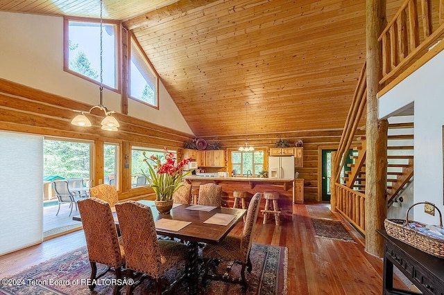 1238 Vista Dr, Star Valley Ranch, WY 83127 - dining room featuring wooden ceiling, high vaulted ceiling, stairs, hardwood / wood-style flooring, and rustic walls