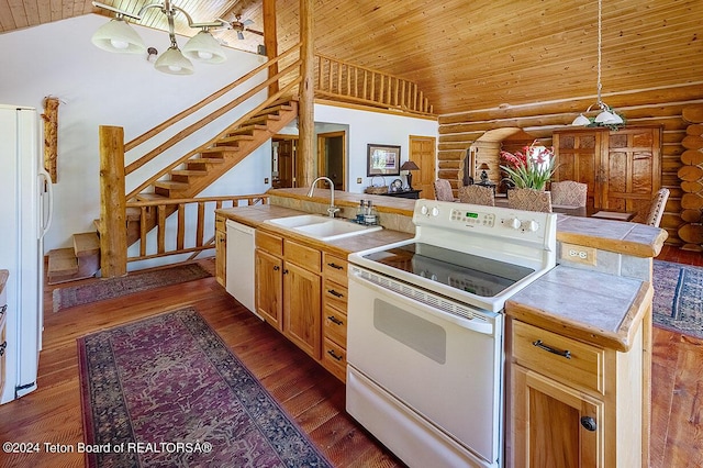 1238 Vista Dr, Star Valley Ranch, WY 83127 - kitchen with white appliances, a sink, wooden ceiling, lofted ceiling, and rustic walls