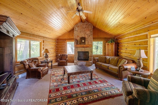 1238 Vista Dr, Star Valley Ranch, WY 83127 - carpeted living area with vaulted ceiling, wooden ceiling, plenty of natural light, ceiling fan, and rustic walls