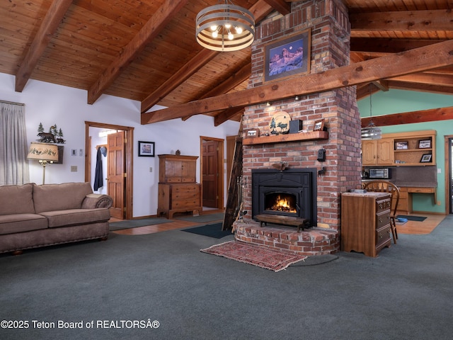 529 Quaking Aspen Dr, Driggs, ID 83422 - living room featuring a chandelier, wooden ceiling, carpet flooring, and a brick fireplace