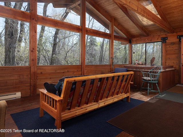529 Quaking Aspen Dr, Driggs, ID 83422 - sunroom featuring a jacuzzi, baseboard heating, wood walls, wood finished floors, and wooden ceiling