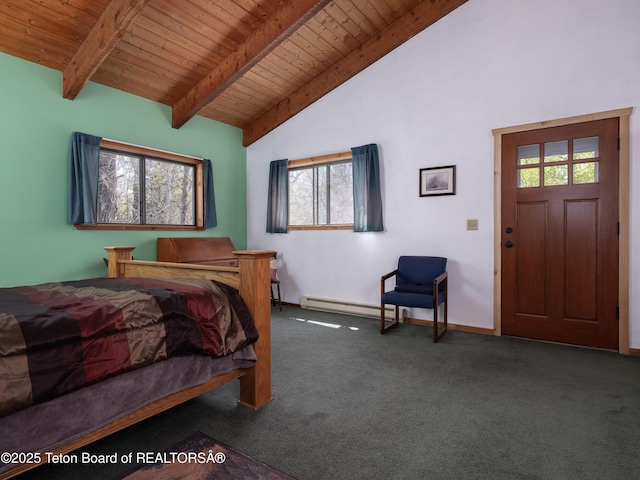 529 Quaking Aspen Dr, Driggs, ID 83422 - carpeted bedroom featuring a baseboard radiator, multiple windows, wooden ceiling, beamed ceiling, and baseboards