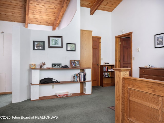 529 Quaking Aspen Dr, Driggs, ID 83422 - corridor featuring wooden ceiling, carpet flooring, beam ceiling, and high vaulted ceiling