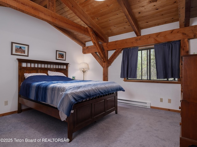 529 Quaking Aspen Dr, Driggs, ID 83422 - bedroom featuring baseboard heating, carpet flooring, wooden ceiling, and baseboards