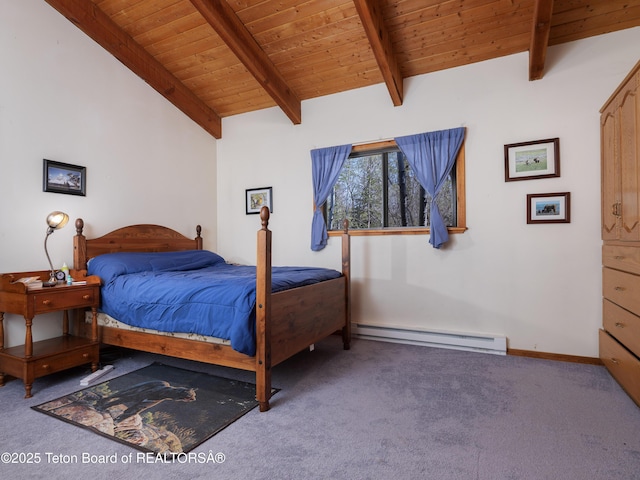 529 Quaking Aspen Dr, Driggs, ID 83422 - carpeted bedroom with a baseboard radiator, wooden ceiling, and baseboards
