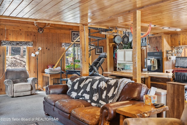 2 Porcupine Cir, Dubois, WY 82513 - carpeted living area with wooden walls and wood ceiling