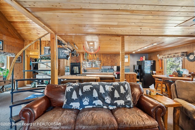 2 Porcupine Cir, Dubois, WY 82513 - living area featuring wooden walls, wood ceiling, and carpet flooring