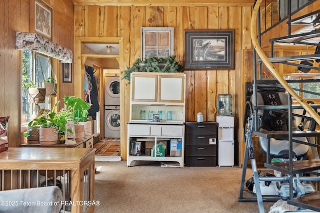 2 Porcupine Cir, Dubois, WY 82513 - home office with estacked washer and dryer, wooden walls, and carpet
