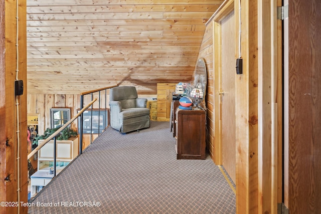 2 Porcupine Cir, Dubois, WY 82513 - unfurnished room with wooden ceiling, carpet, lofted ceiling, and wooden walls