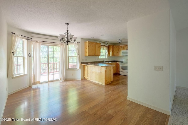 99 Sugar Lf, Star Valley Ranch, WY 83127 - kitchen with white appliances, a chandelier, a peninsula, light wood-style flooring, and a sink