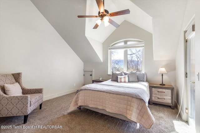 33 Willowbrook Dr, Driggs, ID 83422 - carpeted bedroom featuring vaulted ceiling, baseboards, and ceiling fan
