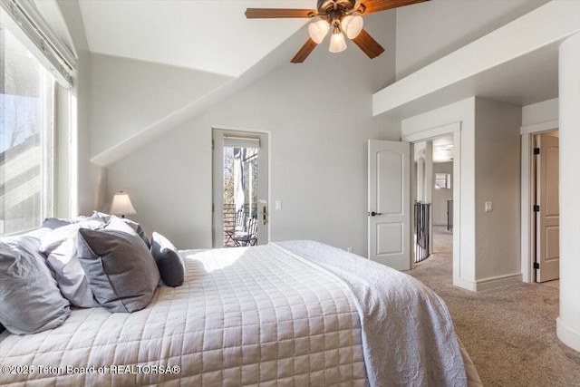 33 Willowbrook Dr, Driggs, ID 83422 - carpeted bedroom featuring vaulted ceiling, access to exterior, ceiling fan, and baseboards