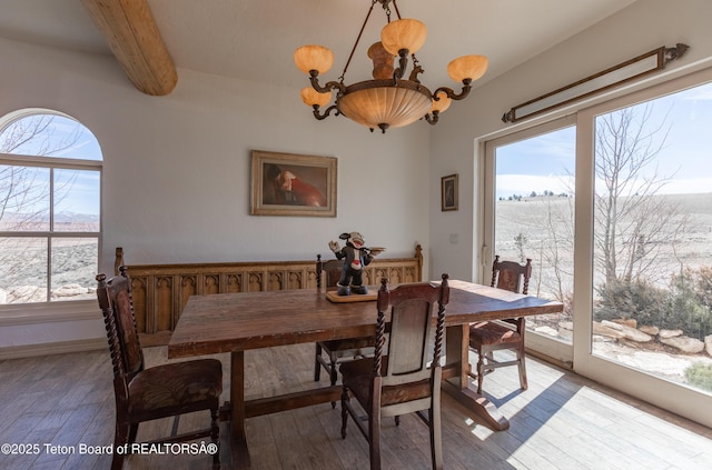 60 Flying Frog St, Dubois, WY 82513 - dining space with a chandelier, beam ceiling, wood-type flooring, and baseboards
