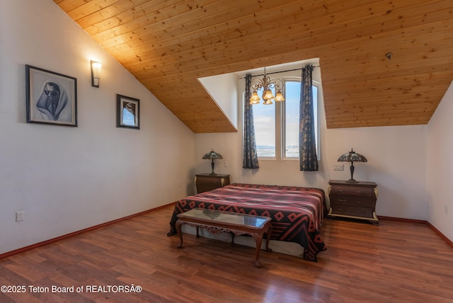 60 Flying Frog St, Dubois, WY 82513 - bedroom featuring wood ceiling, lofted ceiling, wood finished floors, baseboards, and a chandelier