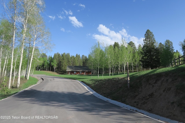 view of asphalt road featuring curbs and a wooded view