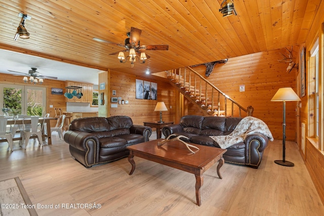 living area with ceiling fan, wood walls, wood finished floors, wooden ceiling, and stairway