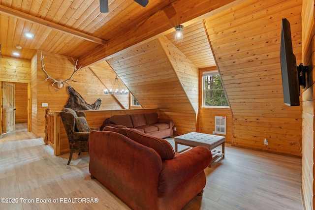living area featuring wooden ceiling, light wood finished floors, wooden walls, a ceiling fan, and recessed lighting