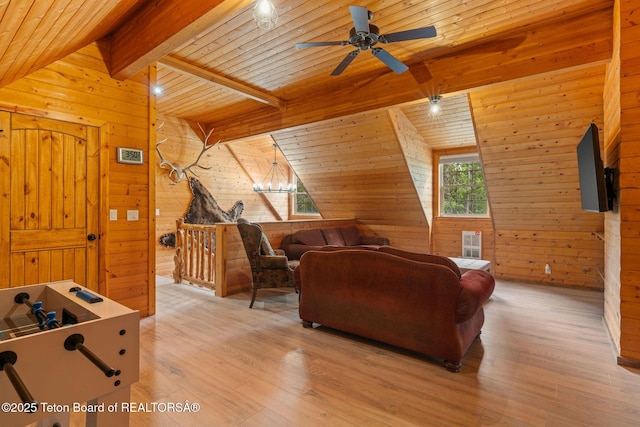 living area with wood walls, light wood-style flooring, ceiling fan, and wood ceiling