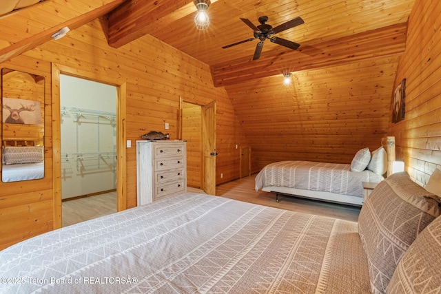 bedroom featuring wooden walls, wood finished floors, wood ceiling, and a ceiling fan