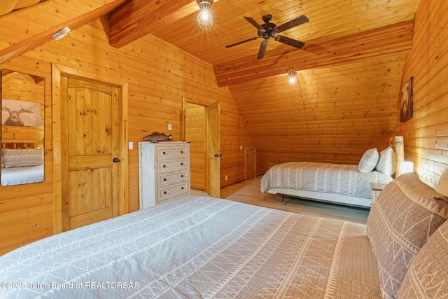 bedroom featuring wooden walls, wood ceiling, wood finished floors, ceiling fan, and beamed ceiling
