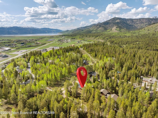 aerial overview of property's location featuring a mountain backdrop and a heavily wooded area