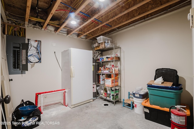 222 River Bench Rd, Alpine, WY 83128 - unfinished below grade area featuring electric panel and white refrigerator with ice dispenser