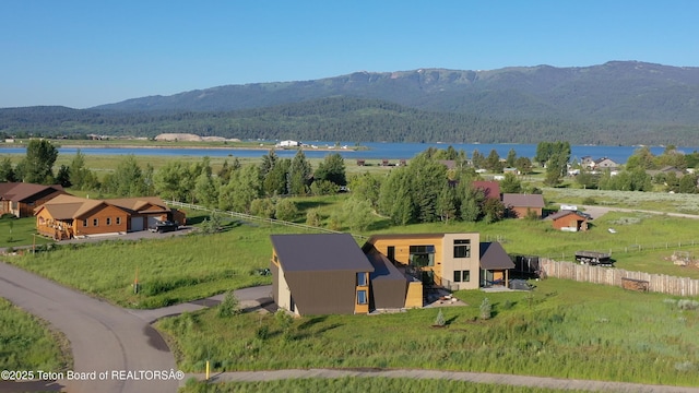 drone / aerial view of a water and mountain view