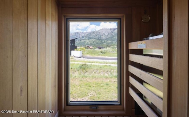 entryway with wood walls and a mountain view
