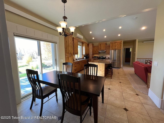 96 Hardman Rd, Star Valley Ranch, WY 83127 - dining room featuring a wall unit AC, recessed lighting, vaulted ceiling, light tile patterned floors, and a chandelier