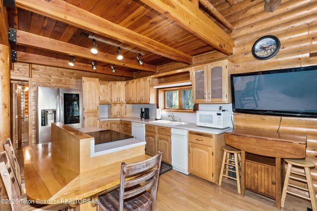 185 River Bench Rd, Thayne, WY 83127 - kitchen featuring white appliances, wooden ceiling, rail lighting, a sink, and light wood-style flooring