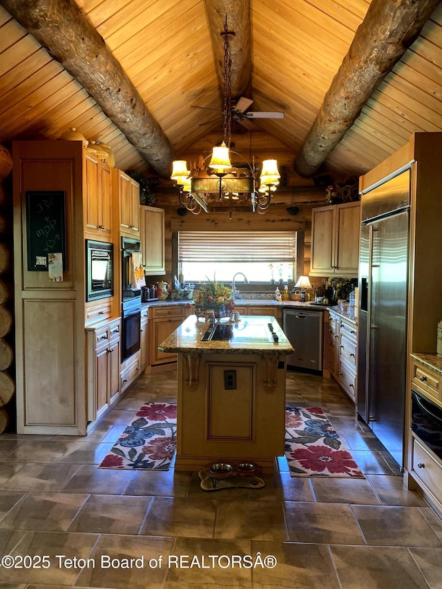 3 Forest Trl, Boulder, WY 82923 - kitchen featuring built in appliances, wooden ceiling, a center island, a chandelier, and light stone countertops